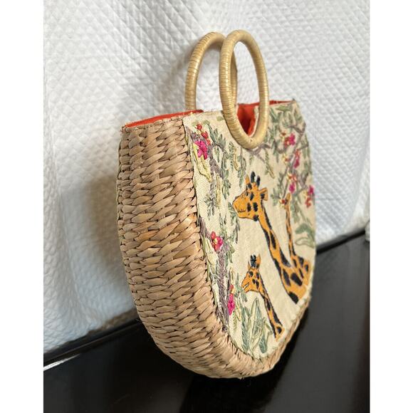 Straw Floral Giraffe Safari Woven Boho Large Purse Handbag bag - Picture 12 of 12
